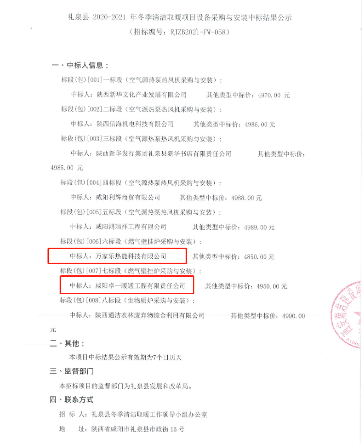 禮泉縣 2020-2021 年冬季清潔取暖項目設(shè)備采購與安裝中標公告_德國hh暖氣片